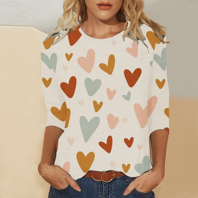 Qertyioot Cadeau de Saint-Valentin pour Femmes, Imprimé Décontracté, Manches Longues, Col Rond