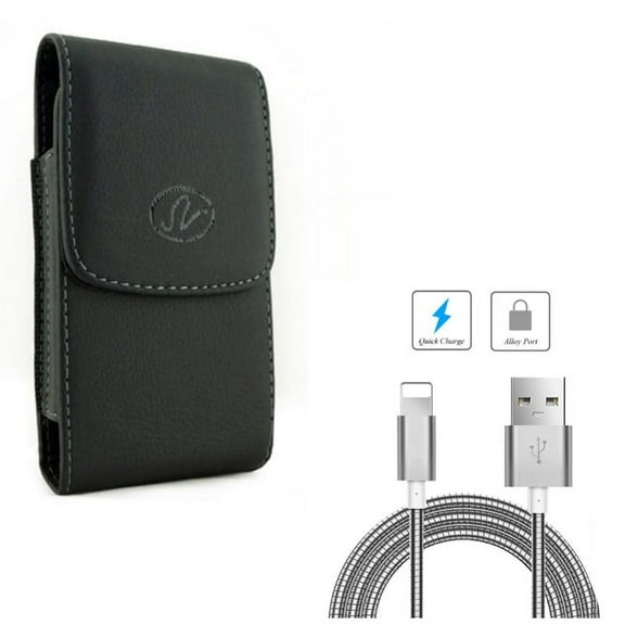 Leather Case Belt Clip w 3ft Metal USB Cable for #model_series - Holster Cover Pouch Vertical Carry and Charger Cord Power Wire Sync Fast Charge