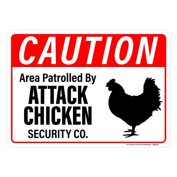 Caution Attack Chicken Security Co. Sign, Includes Holes, 3M Quality Reflective, Aluminum, 14" X 10", Made in USA (Red Non-Reflective), Funny, Safety