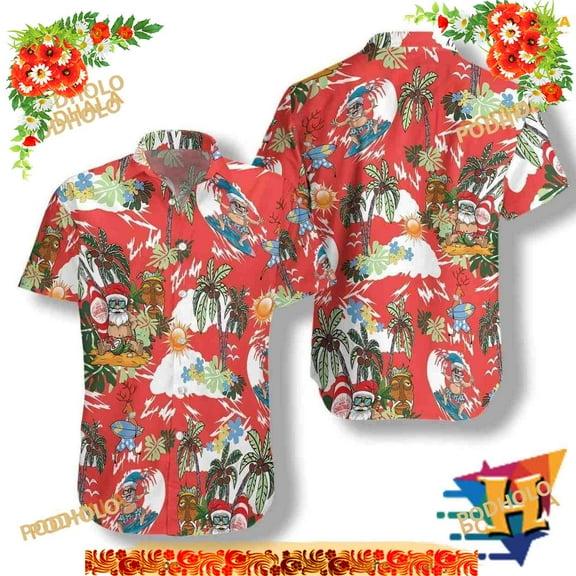 Santa Claus Red Xmas Aloha Shirt, Mens Christmas Hawaiian Shirt