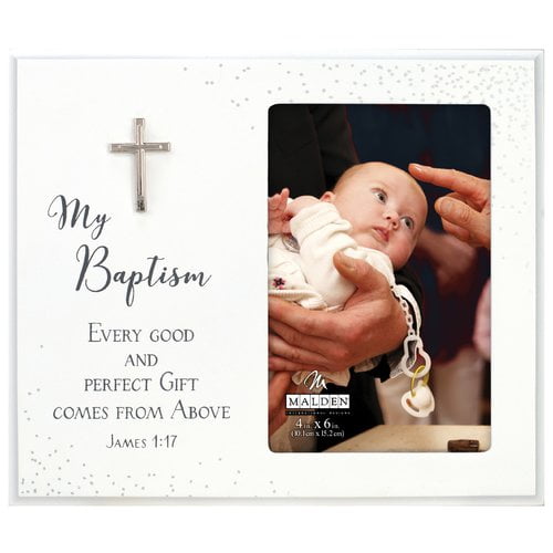 Malden Int Designs 4x6 My Baptism Sentiment Picture Frame White MDF Wood Silver Finish Cross Attachment My Baptism Every Good And Perfect Gift Comes From Above Screenprinted Silver Confetti Detail