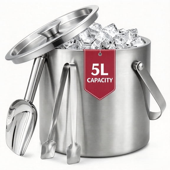 iFaveorr 5L Ice Bucket with Lid, Double Wall Insulated Stainless Steel, Scoop & Tongs Ice Container for Parties, Bbq & Home Bar