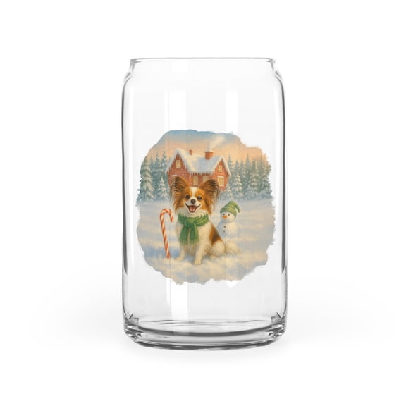 Hello Winter Vintage Papillon Enjoys Snowy Day with Snowman 16oz Glass Cup Mug Pap Butterfly Dog Lover Glass Can - 12019