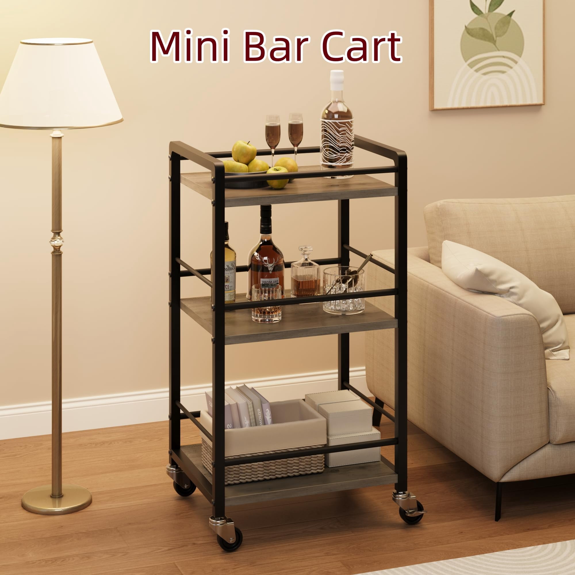 3 Tier Bar Cart for Home,Home Bar Serving Carts,Rolling Mini Liquor Bar for Wine Beverage Dinner Party,Utility Kitchen Storage Island Cart on Wheels,Coffee Bar Cabinet for Kitchen Dining Living Room