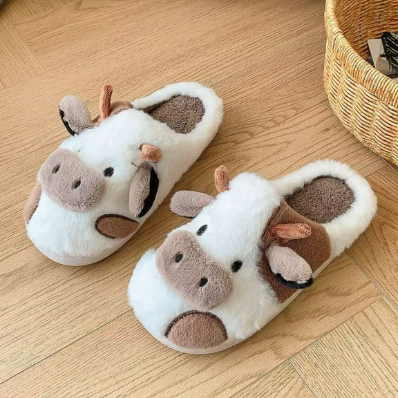 Slippers For Women,Cow Slippers,Womens Fuzzy Slippers,Cute Animal Cartoon Fluffy Plush House Slippers For Women Men Indoor