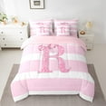 thumbnail image 2 of Feelyou Monogrammed Bling R Bedding Comforter Set 7pcs, Cool Girls Bowknot Queen Bedding Sets, Pink White Stripes Reversible Queen Sheet Sets, Lightweight Room Decor, 2 of 7