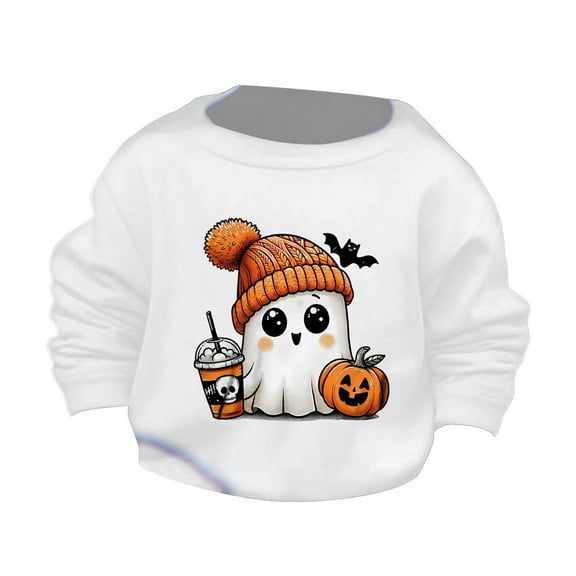 Generic Toddler Baby Girls Boys Halloween Cute Little Bats Pumpkin Printed Round Neck Sweater Hoodie Autumn Winter Clothes for Home Outdoor Indoor（2-3 Years White）