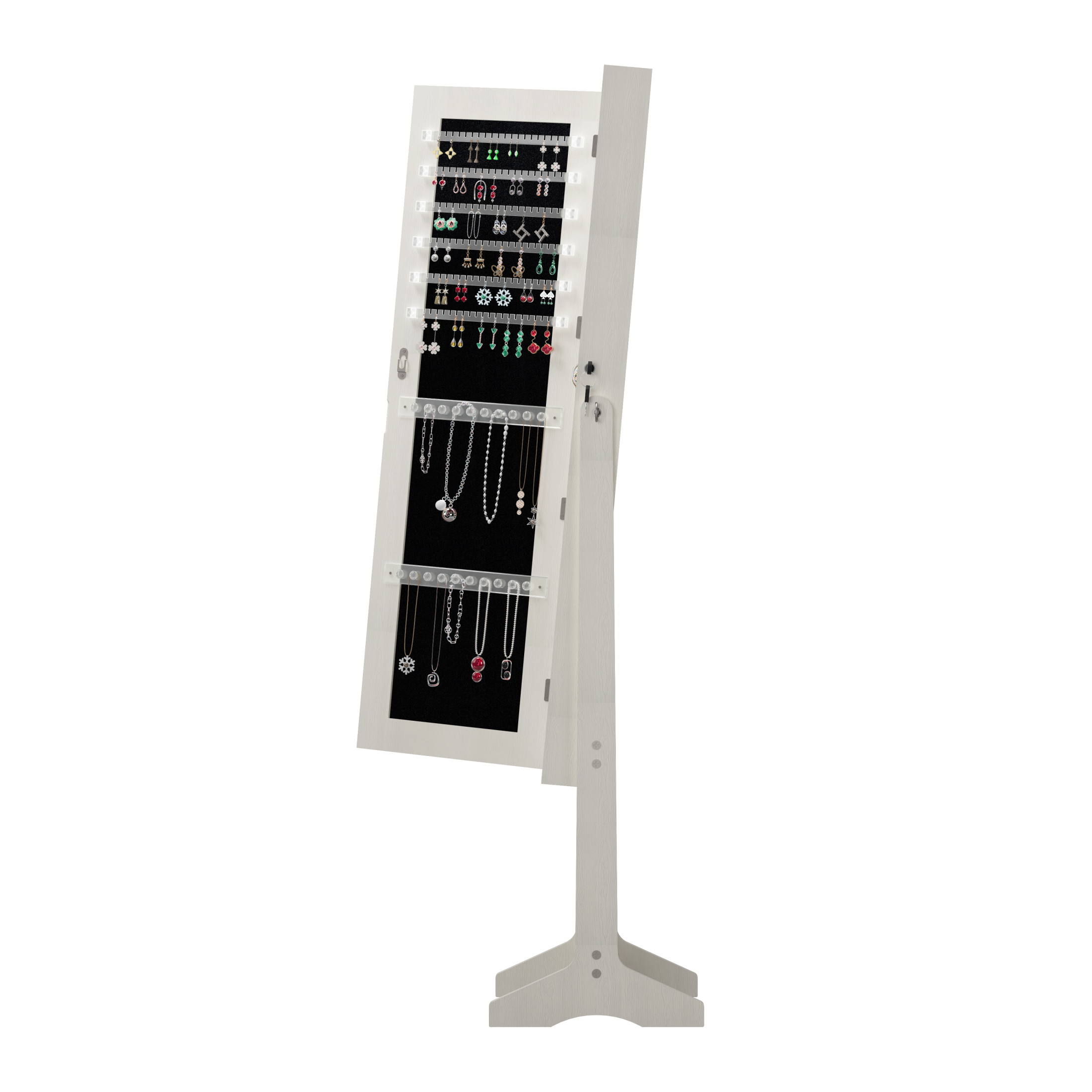 Noble House Standing Jewelry Armoire with Full Length Mirror, Lockable Lighted Organizer with Storage, White