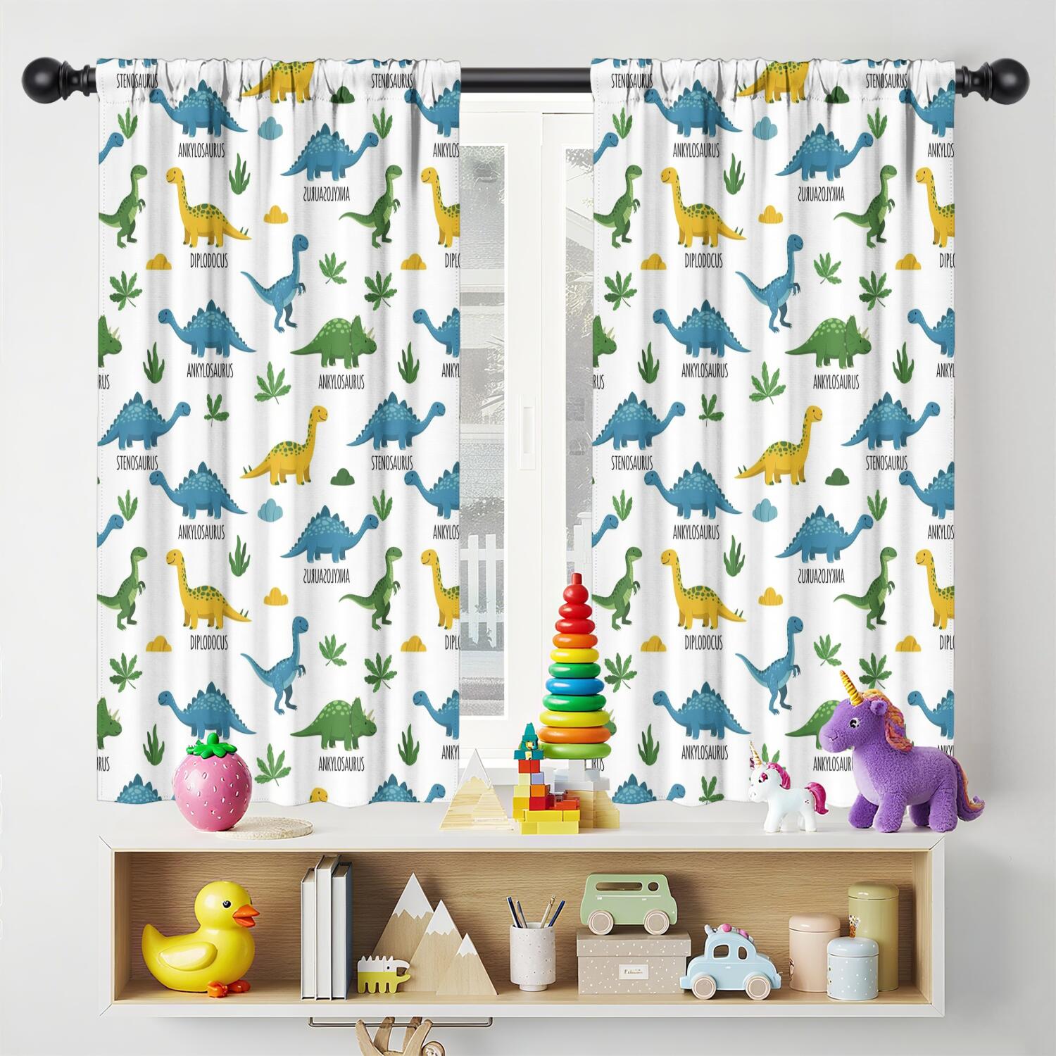 Blackout Kids Curtains,Dinosaur Pattern with Names Childrens Insulated Curtains Set Of 2,Bedroom Essentials,Toddler Room Decor 42"x54"