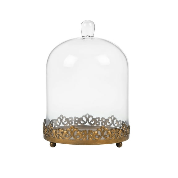 11.5" Tall Clear Cloche Glass Dome, Display Bell Jar with Top Handle and Metal Base In Antique Gold Medium