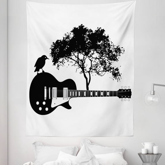 Guitar Tapestry, Composition of a Bird on a Musical Instrument with a Tree on the Back, Fabric Wall Hanging Decor for Bedroom Living Room Dorm, 5 Sizes, Charcoal Grey and White, by Ambesonne