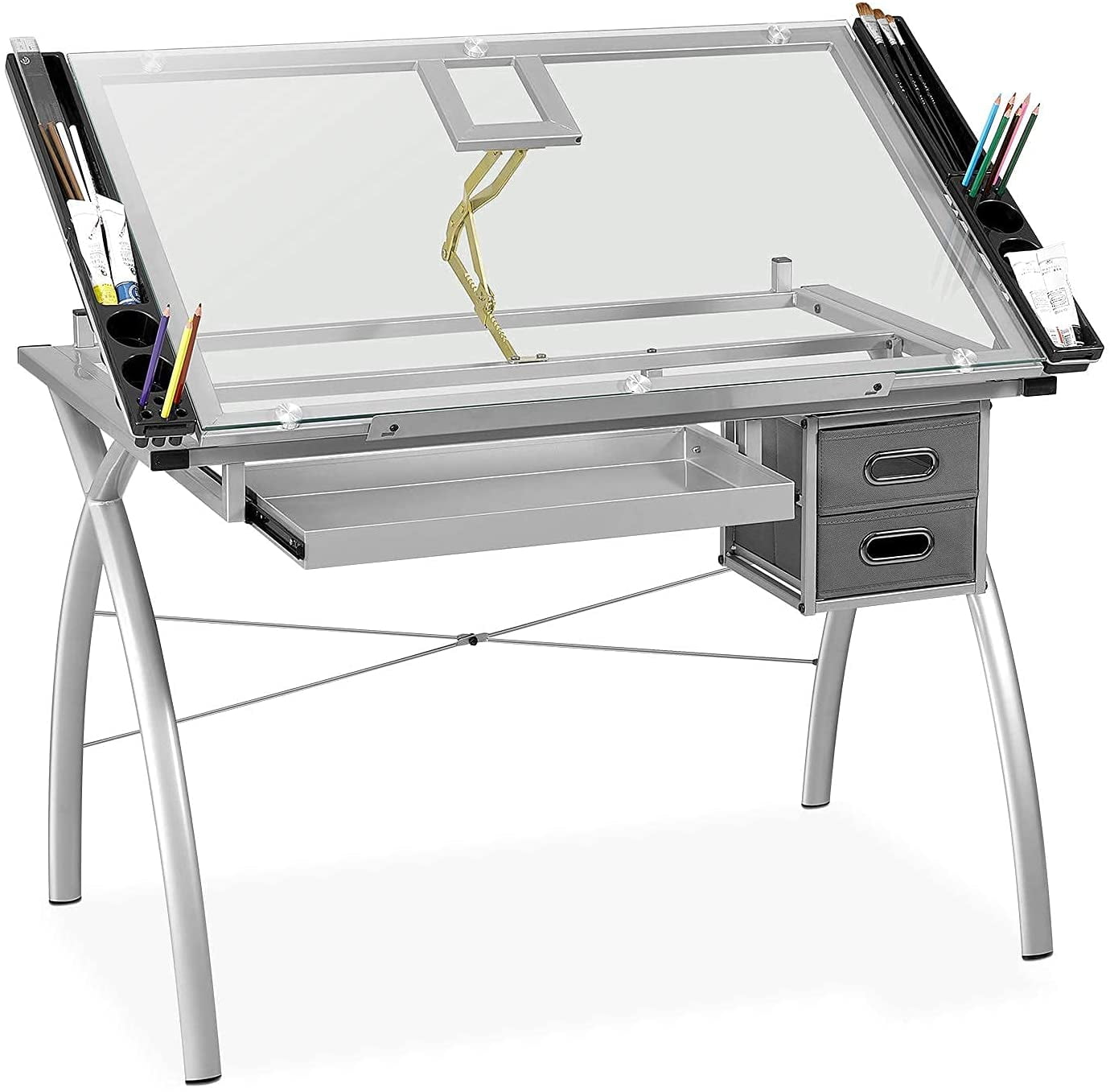 Buy CINAK Adjustable Drafting Table, XCross Glass Top Drawing Table Art Desk Hobby Table