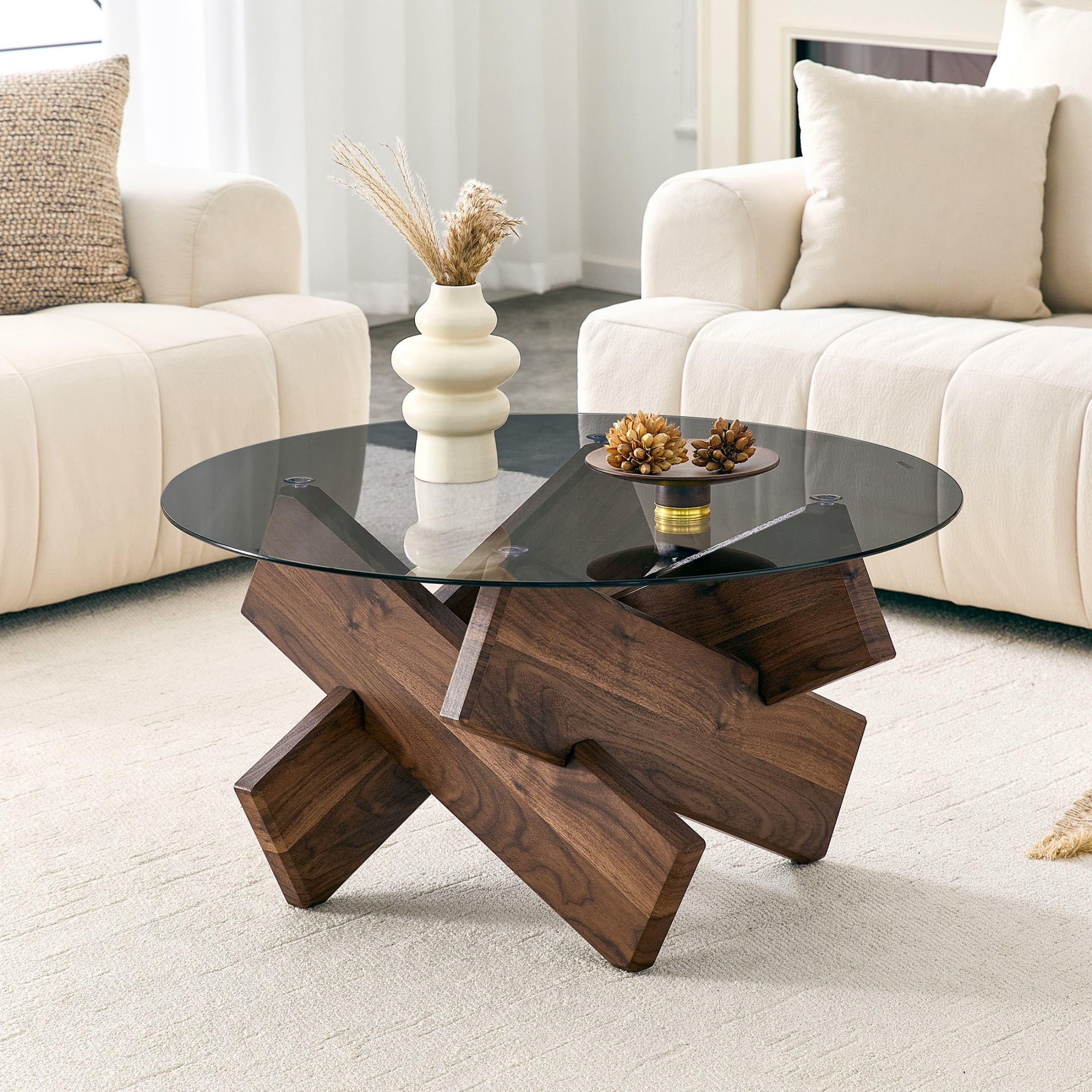 Vinform Round Coffee Table for Living Room, Gray Glass, Walnut