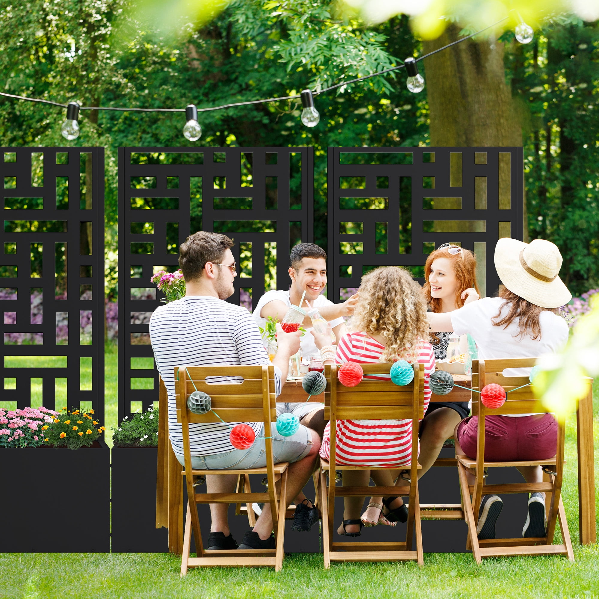 MAYEERTY 2-Set 47*24" Outdoor Black Metal Planter Box with Trellis for Climbing Plants, Street Pattern Panel