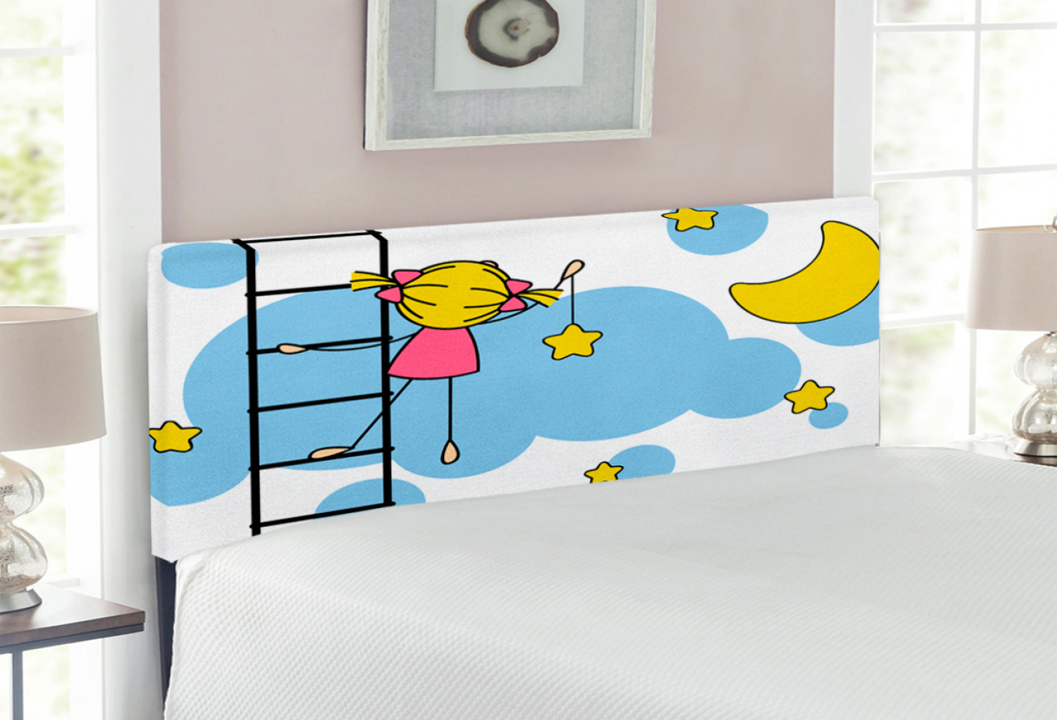 Star Headboard, Girl on Ladder Hanging a Star in the Night Sky with Half Moon Cartoon Picture, Upholstered Decorative Metal Bed Headboard with Memory Foam, Full Size, Yellow Blue, by Ambesonne - image 2 of 4