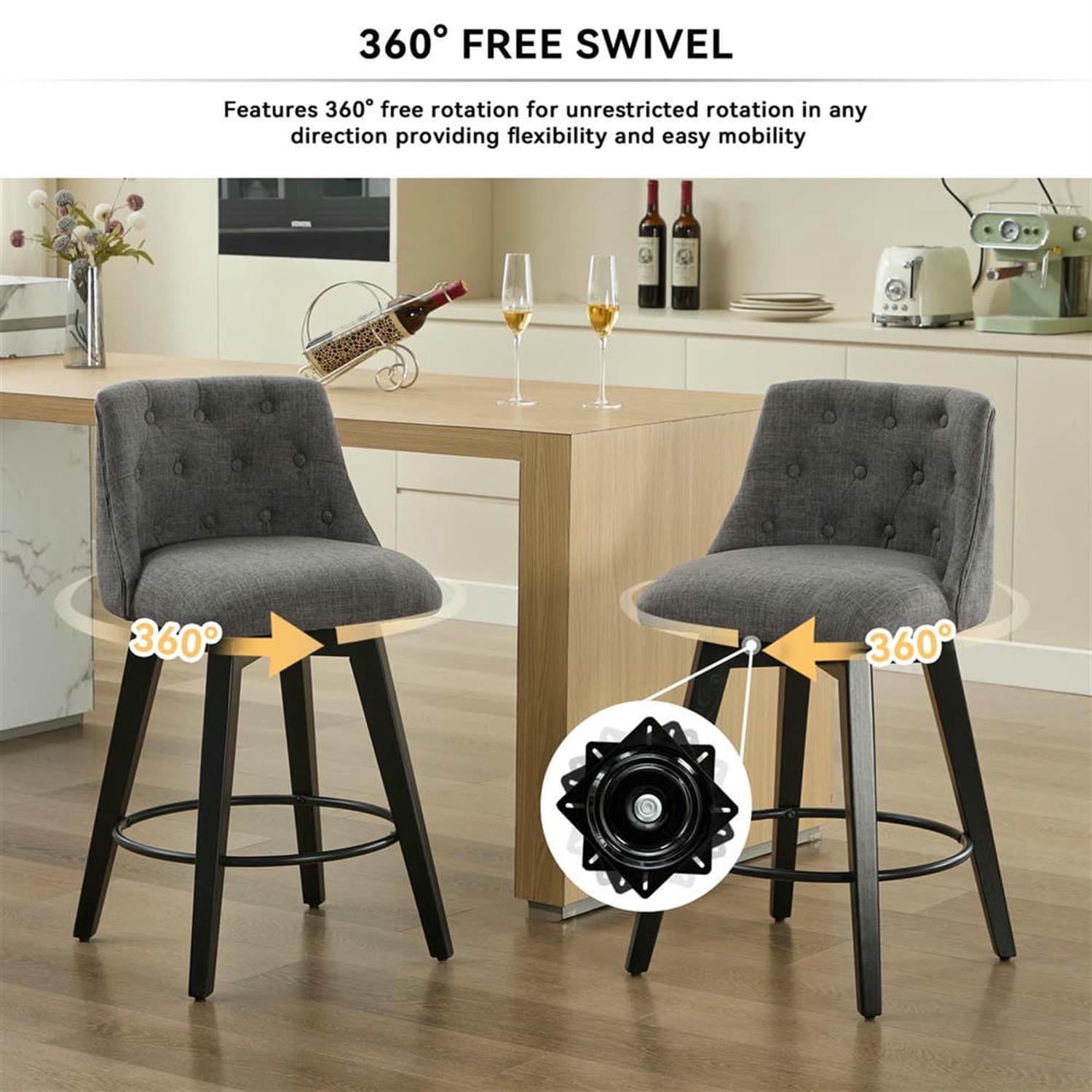 Demi Bonn 35" Counter Height Bar Stools Set of 2, Linen Fabric Swivel Barstools with Tufted Back, Kitchen Island Countertop Chairs for Dining Room, Gray