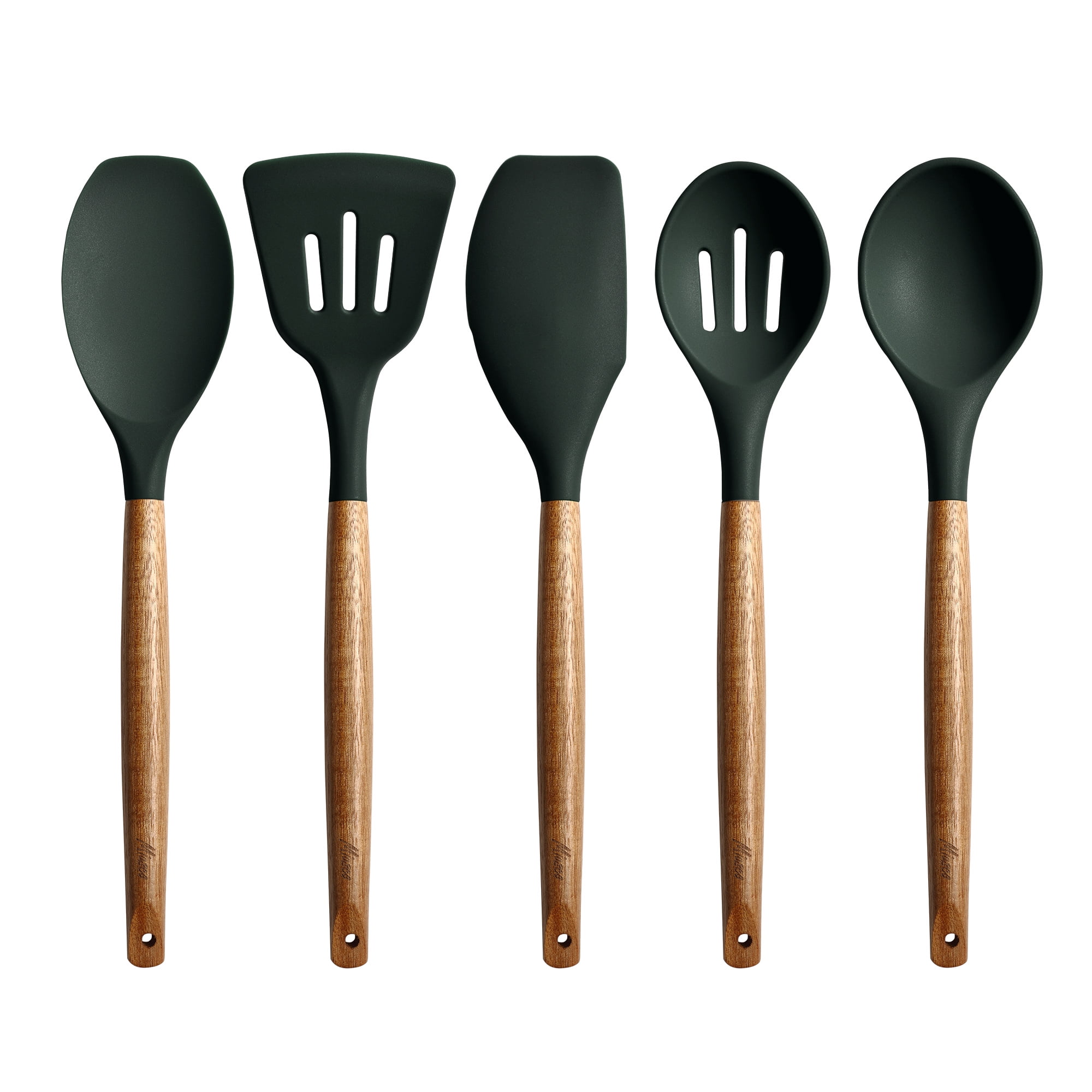 Miusco Non-Stick Silicone Kitchen Utensils Set with Natural Acacia Hard Wood  Handle, 5 Pieces, Grey, BPA Free, Baking, Serving and Cooking Utensils
