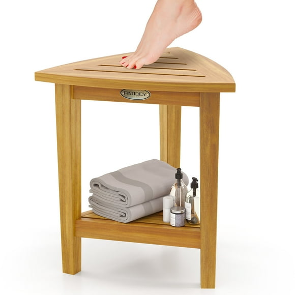 Gymax Shower Stool Teak Wood Corner Bath Stool w/ Storage Shelf Shower Seat Chair