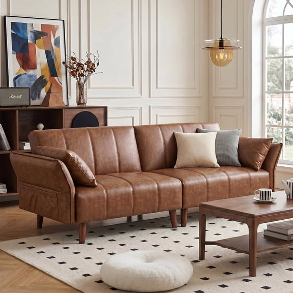83" Faux Leather Sofa,Mid Century Modern Convertible Futon Sofa Bed with Adjustable Armrest and Backrest,2 Pillows for Living Room,Office,Brown