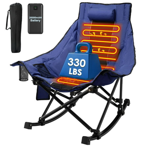 ZENPETIO 330lbs Oversized Heated Camping Rocking Chair w/20000mAh Power Bank Portable Folding Outdoor Indoor Rocking Chair for Camp Lawn Sports Winter Blue