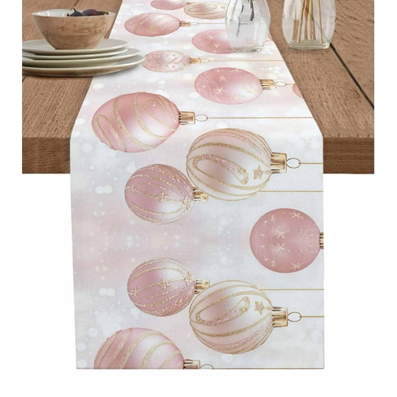 Ldtrchee Pink Christmas Table Runner 108 Inches, Christmas Balls Snowflake Bed Runner Dresser Scarves Tabletop for Indoor Outdoor Parties/Ceremony/Banquet, 13"x 108"