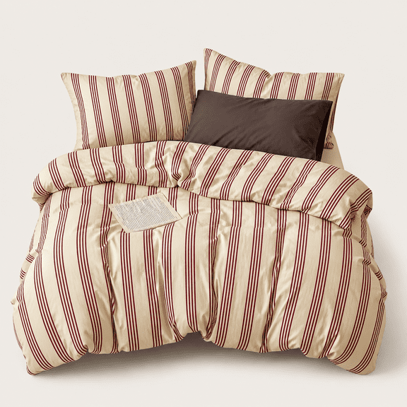 Red-brown Striped Queen Size 3-Piece Cotton Duvet Cover Set