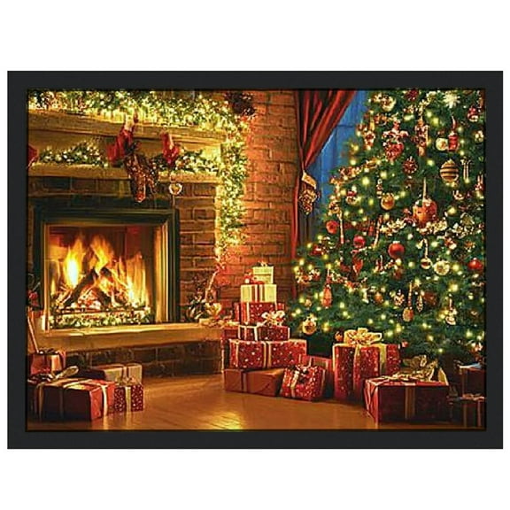 NIJIAN Fireplace Tree Christmas Canvas Wall Art Print With Timer | Lighted Canvas Wall Art Print Design (Christmas Fireplace Tree)