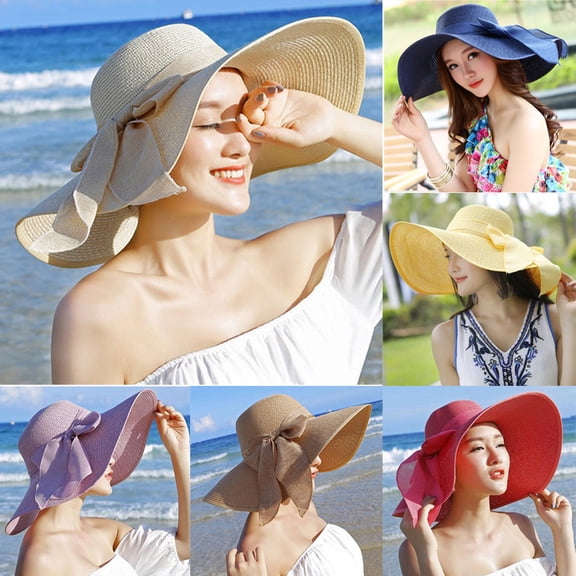 LRen Tea Party Hats for Women Big Sun Straw Floppy Beach Hat for Women with Wide Brim and Bowknot Folding Design Baseball Cap Yellow