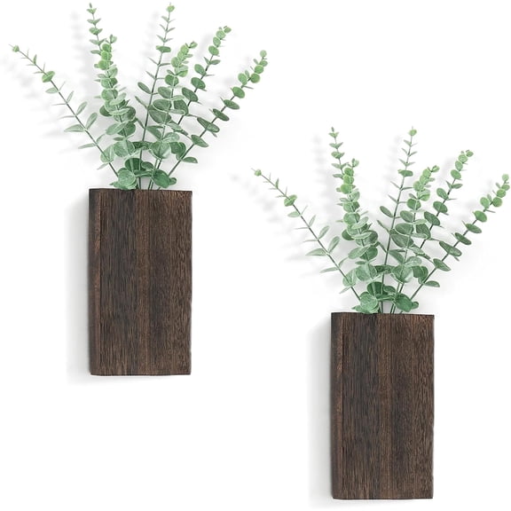 2-pack Brown Hanging Wood Wall Vases with Fake Eucalyptus for Home Decor
