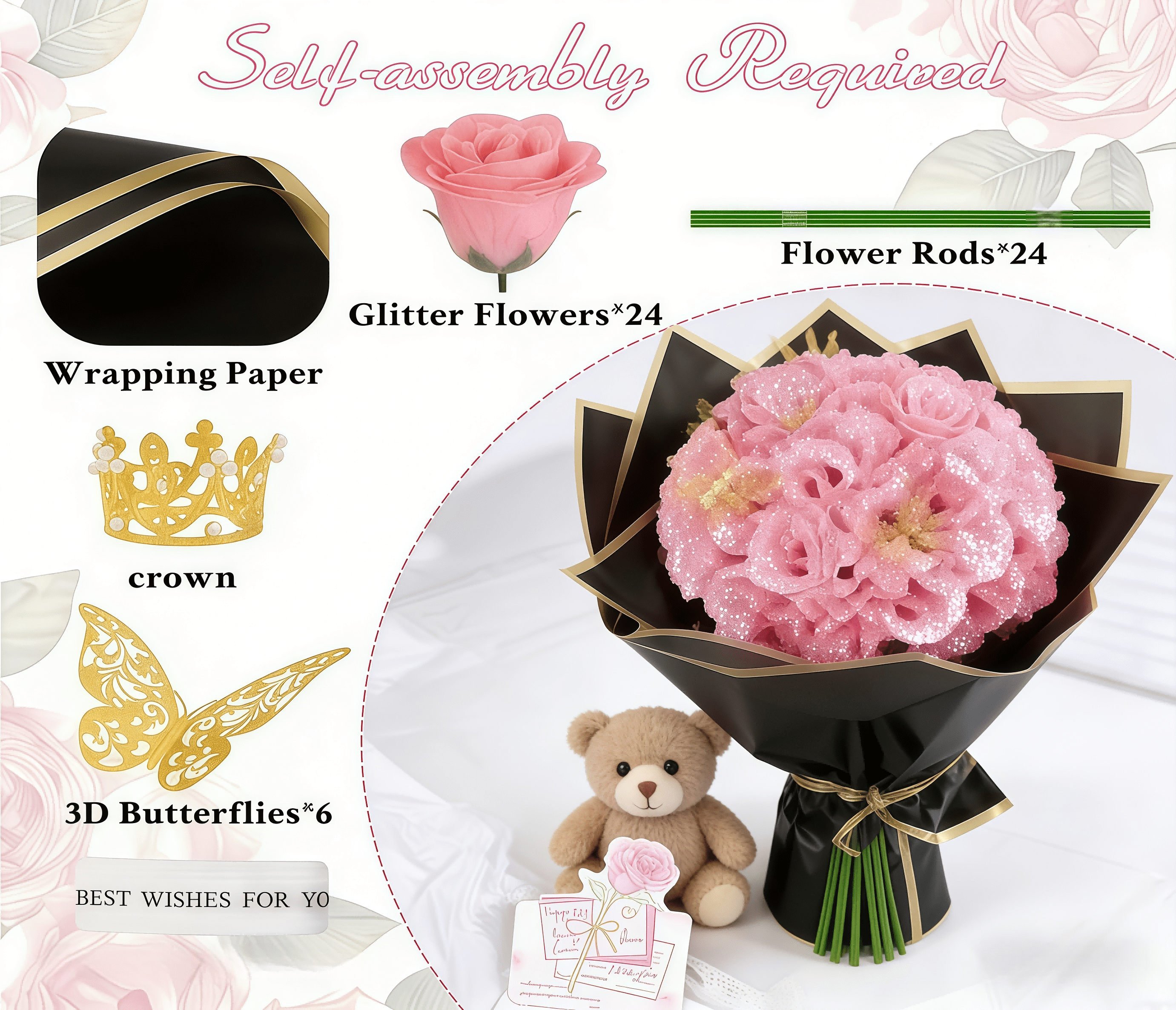 Natonhi 24 Glitter Valentine's Day Roses Bouquet Graduation Gifts Artificial Roses Flowers with Stems DIY Fake Glitter Flowers Bouquet for Anniversary Graduation Birthday Wedding(Pink)