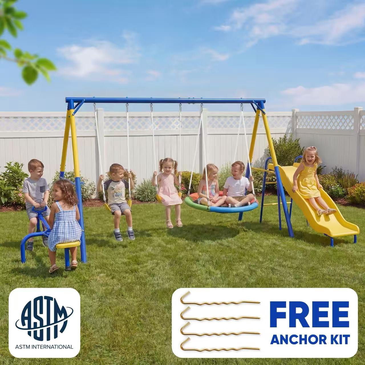 XDP Recreation Play All Day Metal Swing Set and Slide with Fun