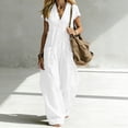 thumbnail image 4 of hoksml Women's V-Neck Short Sleeve Jumpsuit, Casual Button Front Wide Leg Overalls with Pockets, 4 of 7