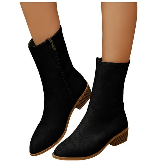Fall Suede Ankle Boots for Women Chunky Low Heel Pointed Toe Dressy Short Booties Mid Calf Motorcycle Booties