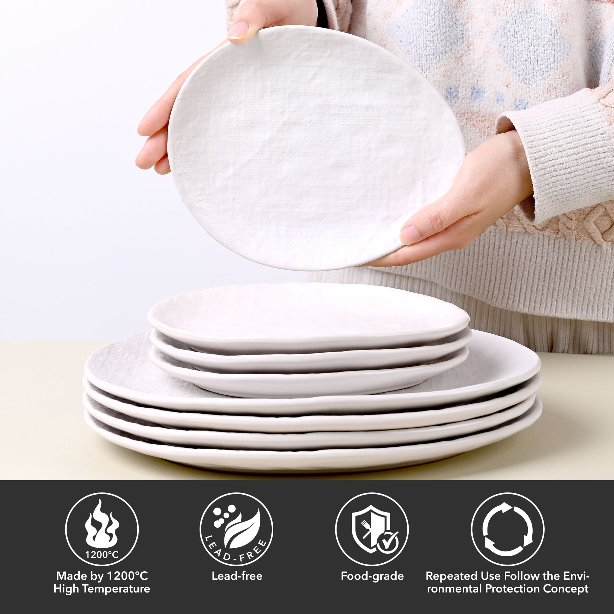 Linen Artisan Dinner Plate Set, 4 Pieces Dinnerware Dishes Set, Porcelain Salad Plates, Irregular 11 Inches Ceramic Plates Suitable for Steak, Pasta, Pizza, Home, Party, White, Large