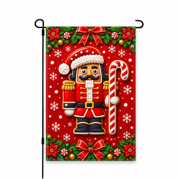 Christmas Nutcracker Garden Flag 12 x 18 Inch, Red Festive Holiday Decor with Candy Cane, Snowflakes, and Greenery, Outdoor Yard, Lawn, Patio Decoration