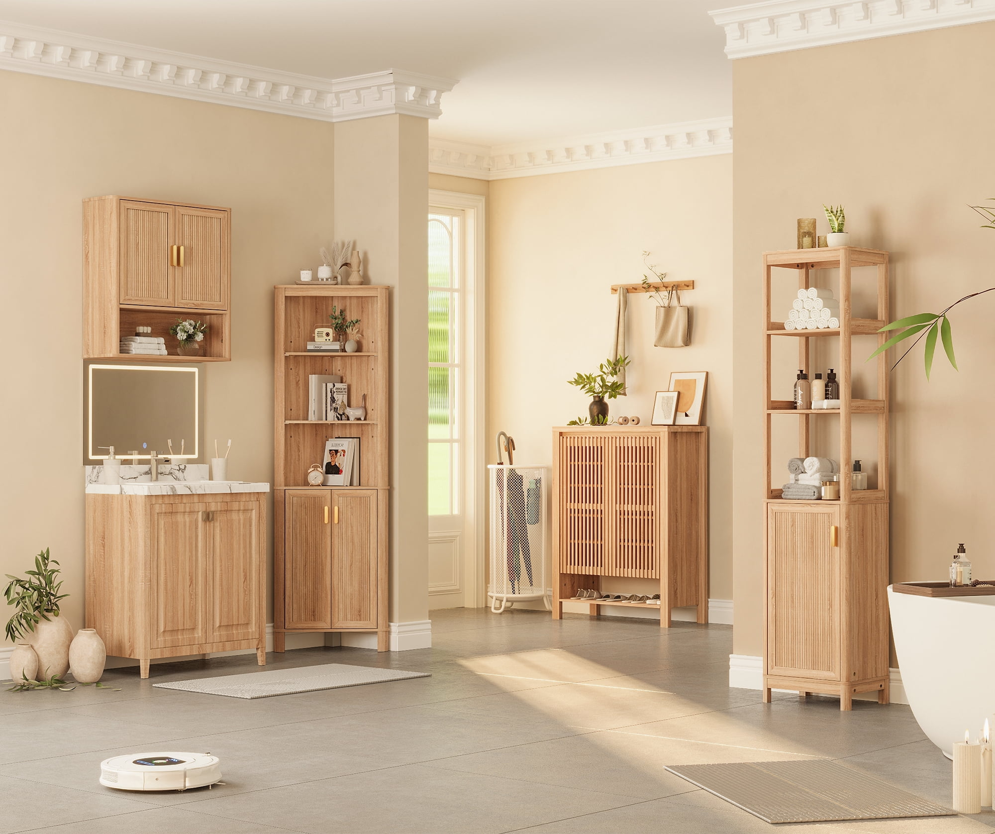 68" Tall Fluted Corner Cabinet for Bathroom, Modern Living Room & Kitchen - 5 Adjustable Shelves, Space-Saving Natural Oak Storage, Curved Profile Design