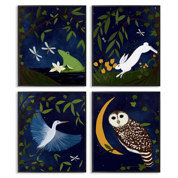Stupell Industries Nighttime Pond Animals Animals Painting Black Framed Art Print Wall Art, 11 x 14, Set of 4