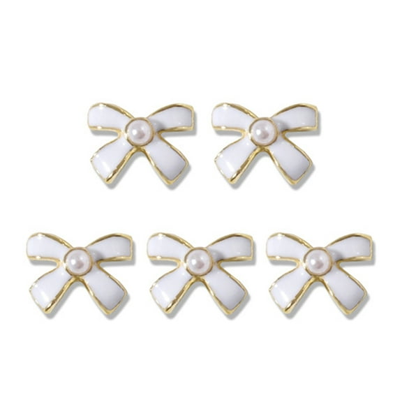 UDIYO 5Pcs Nail Ornaments Shiny Stunning Visual Effect Creative Shape Match Freely Fake Pearl Decorative Metal Black White Bow-knot Style DIY Nail Art Decorations for Nail Salon
