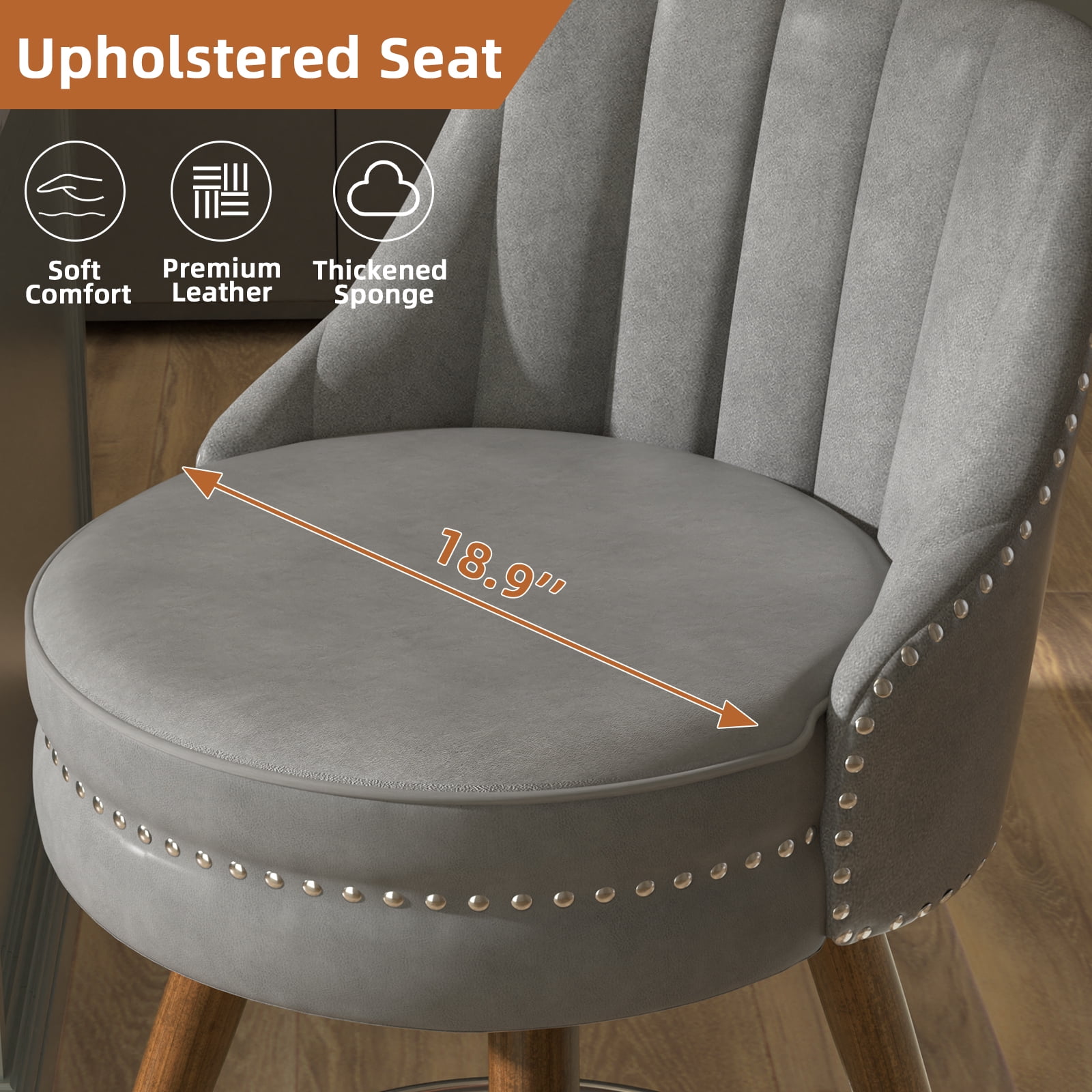 HomeZeer Swivel Bar Stools Set of 4, Counter Height Bar Stools with Back, Leather Swivel Counter Stools with Wood Legs and Footrest, Upholstered Bar Stools Chairs for Kitchen Island, Grey