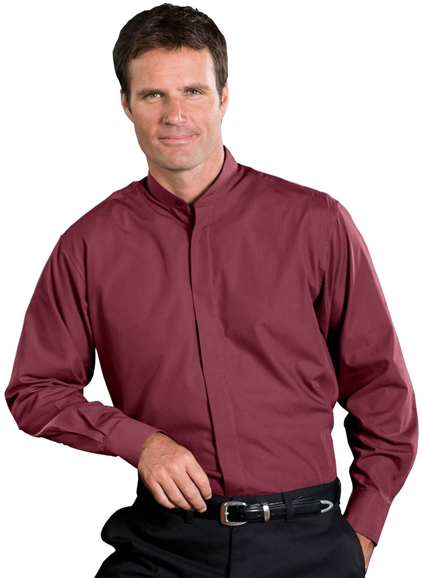 Ed Garments Mens Big And Tall Banded Collar Long Sleeve Shirt, BURGUNDY