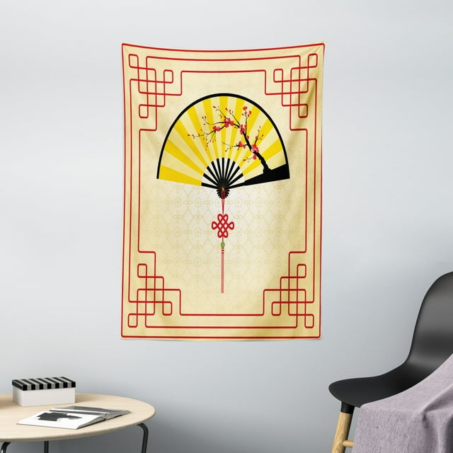 Asian Tapestry, Japanese Culture Hand Fan with Cherry Blossom and Traditional Lines Design, Wall Hanging for Bedroom Living Room Dorm Decor, 40W X 60L Inches, Sand Brown Yellow Red, by Ambesonne