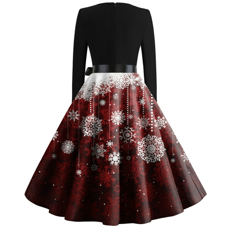 SKSloeg Womens Christmas Long Sleeve Black Dress Christmas Cocktail Dress 1950 s Gothic Vintage Dresses Classic Dress Long Sleeve Red Plaid Snowflake Print V Neck Tea Party Dresses with Belt White L W...
