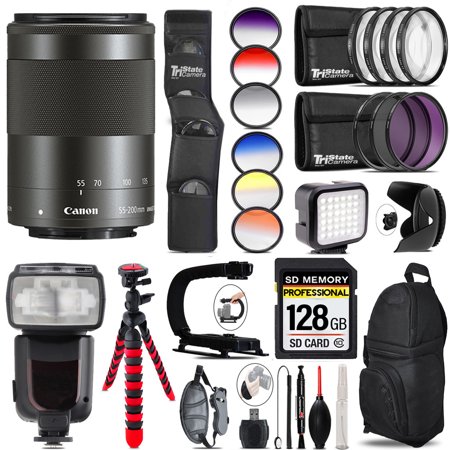 Canon EF-M 55-200mm f/4.5-6.3 IS STM Lens (Black) + Pro Flash + LED Light - 128GB Accessory Bundle