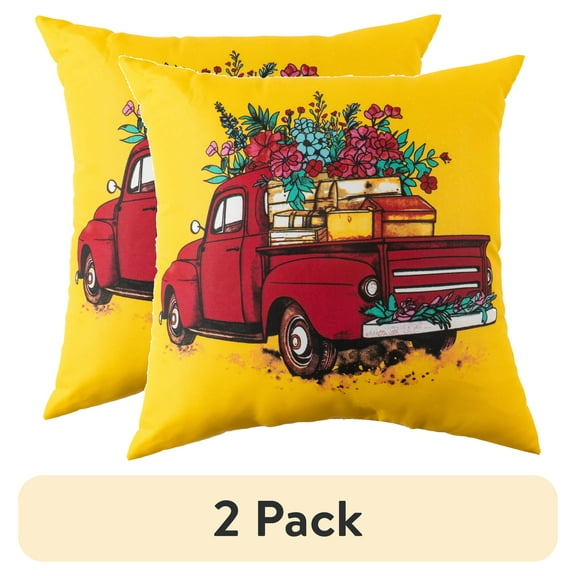 (2 pack) Mainstays Red Flower Truck Reversible Outdoor Throw Pillow 16 Inch Blue Novelty and Floral