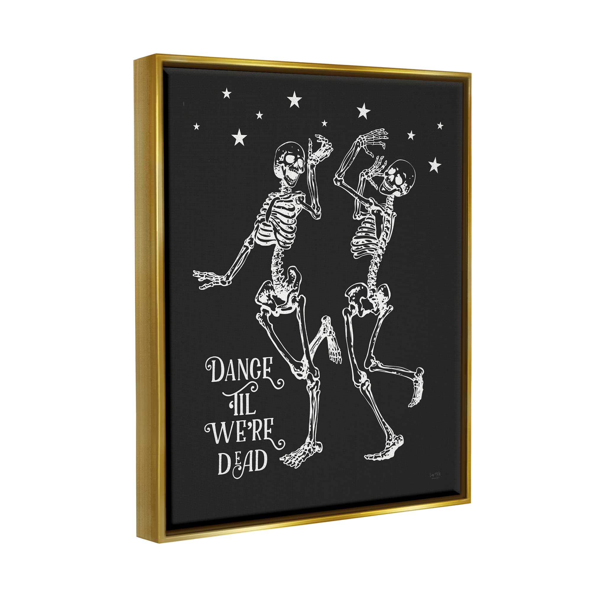 Stupell Industries Dance 'Til We're Dead Skeletons Holiday Painting Gold Floater Framed Art Print Wall Art, 25 x 31