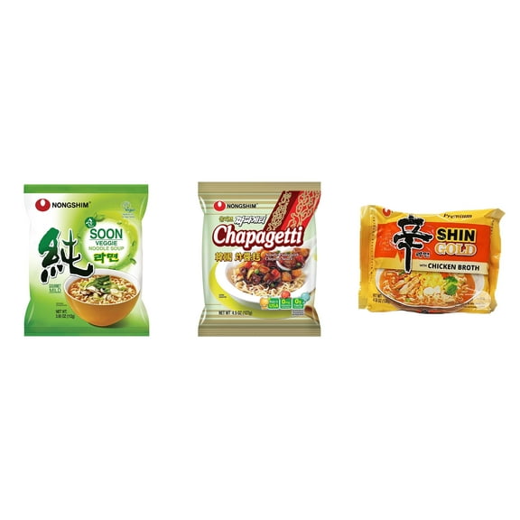3 Pack Korean NongShim Gourmet Spicy Shin Instant Ramen Noodle, 3 Flavors(Soon Veggie,chapagetti,shin gold) Plus NineChef Brand Long Handle Coffee Spoon