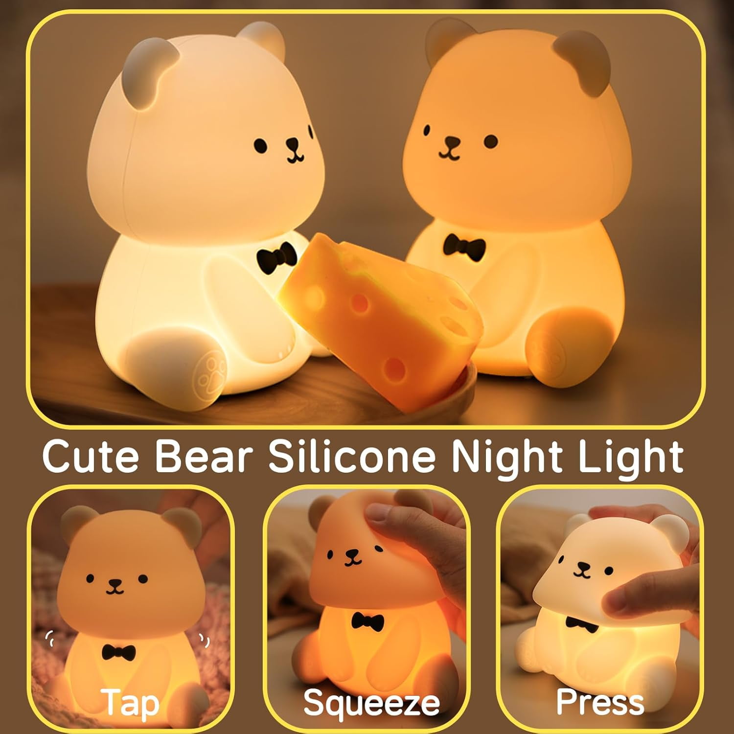 CATPAN Cute Bear Night Light, Kids Night Light for Boys Girls Bedroom USB Rechargeable Silicone Animal Light, Baby Nursery Beside Lamp, Bear Gifts