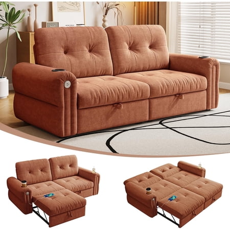 77" Queen Size 3-in-1 Convertible Sleeper Sofa Bed, Chenille Couch with Adjustable Backrest, Cup Holders & USB Ports