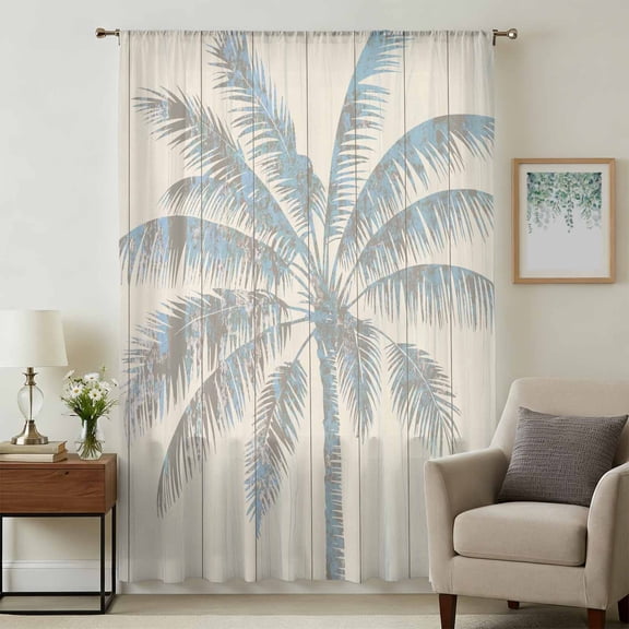 Summer Palm Trees Sheer Curtains 54 Inches Long, Tropical Plants Vintage Wood Grain Light Filering Curtains, Breathable Simi Curtain Privacy Drapes for Kitchen Bathroom Small Window Treatment