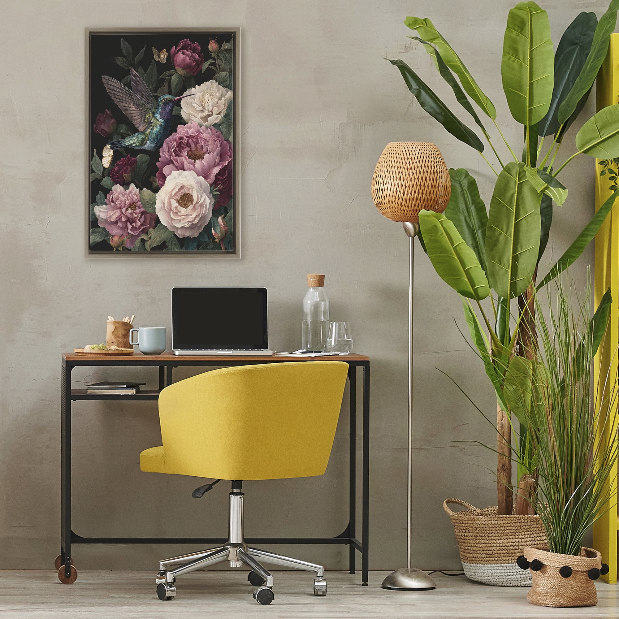 Stupell Industries Hummingbird & Lush Peonies Brown Framed Floater Canvas Wall Art, design by The Wands Want